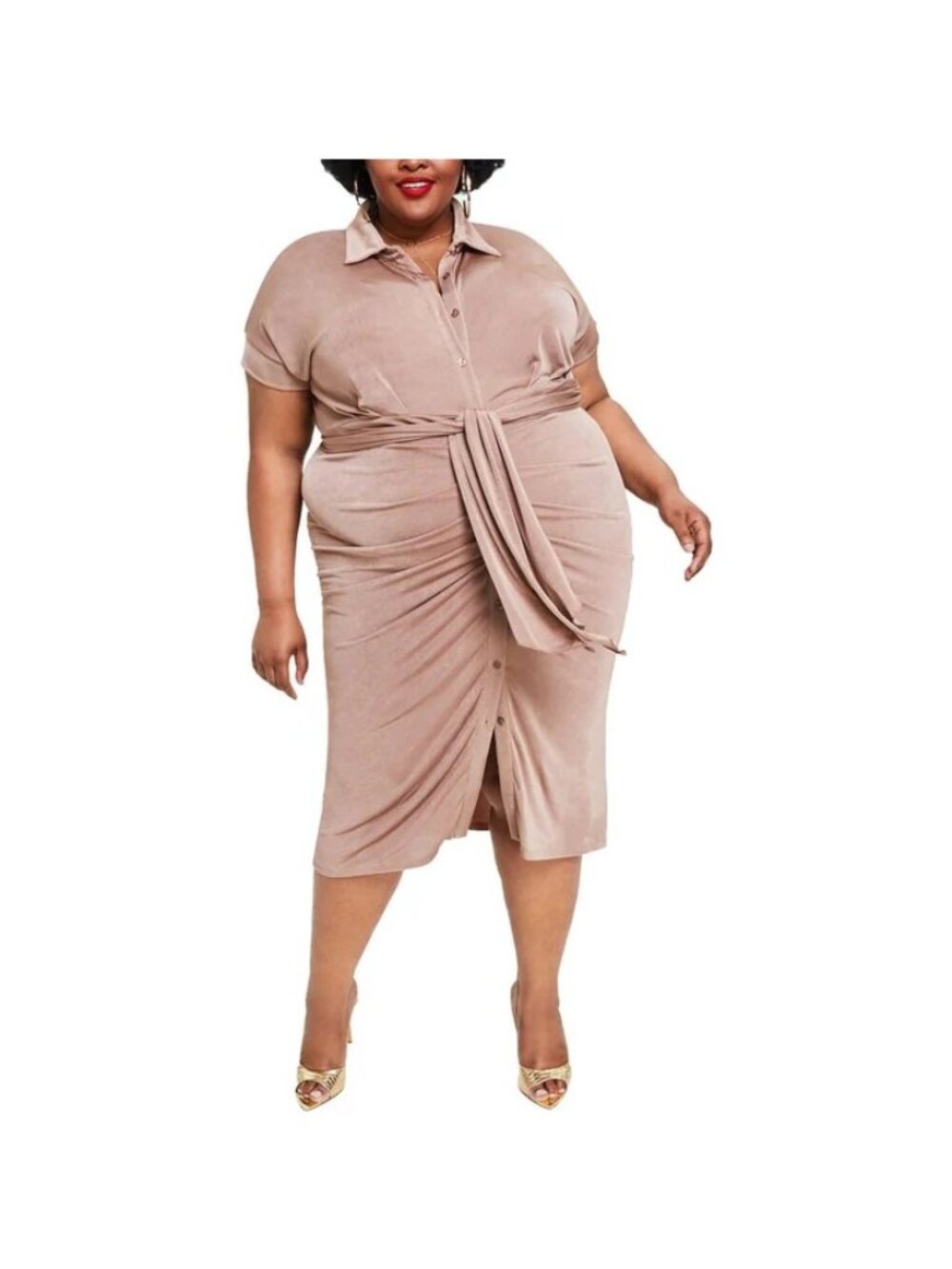 Nina Parker Shirtdress 2X Tan Stretch Ruched Tie Front Button Down Cocktail Glam